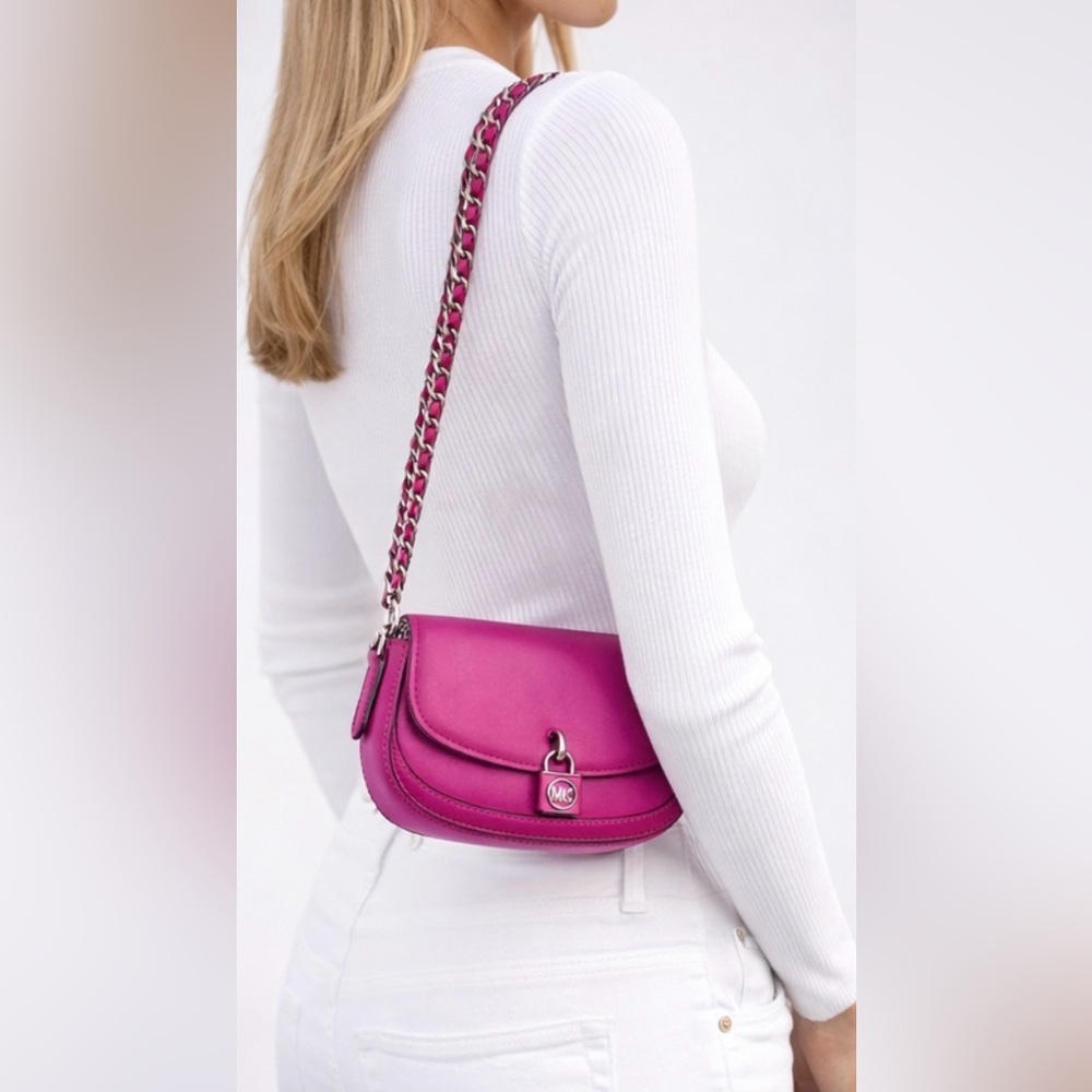 Michael Kors Mila Small Leather Shoulder Sling Bag Deep Fuchsia Chain Crossbody